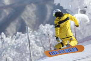 vintage ski, bright, neon, ski suit, snow trees, fun style, vintage style